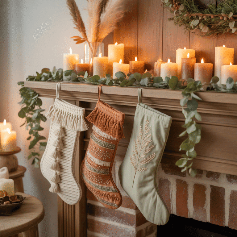 Boho-style Christmas mantel with handmade stockings and decor.