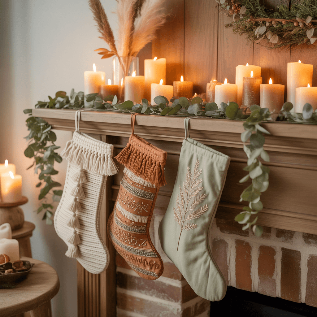 Boho-style Christmas mantel with handmade stockings and decor.