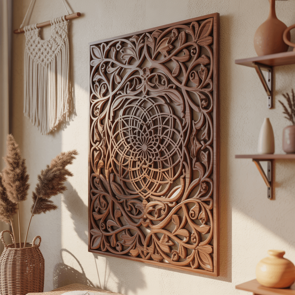 Boho-style carved wooden wall panel in living room