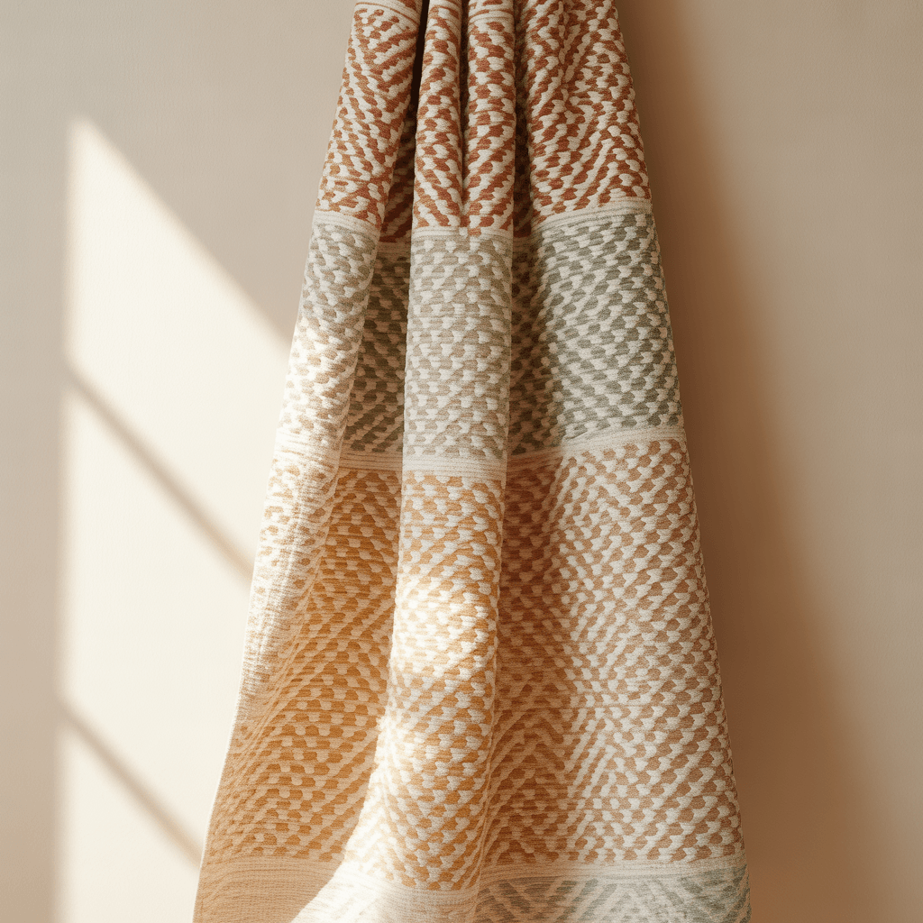 Boho tapestry in earth tones hanging above a bed