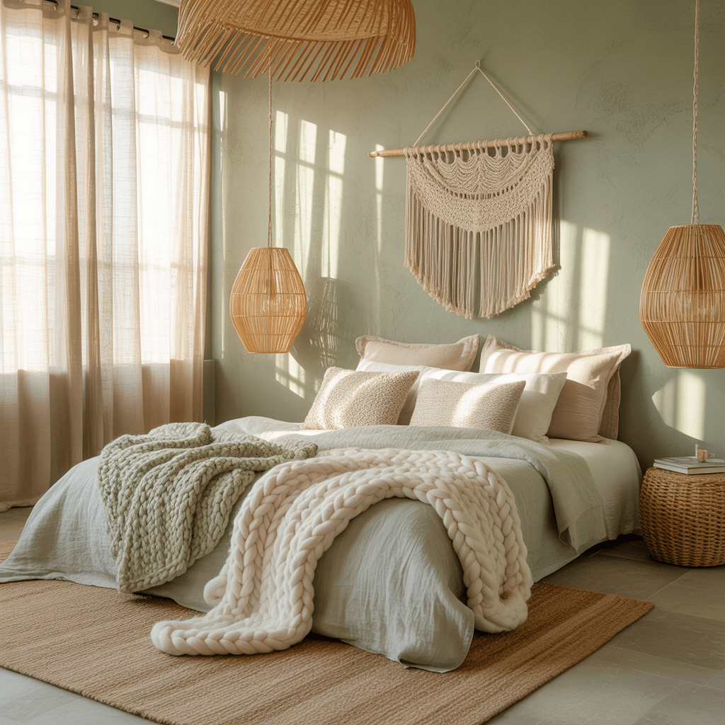 Boho wall decor on sage green wall.