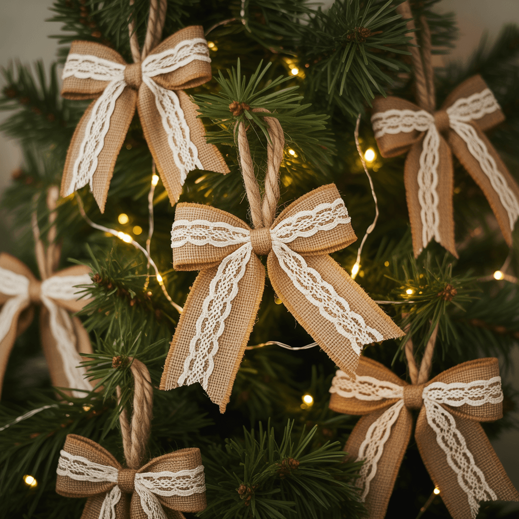 Burlap and lace bow ornaments on rustic Christmas tree.