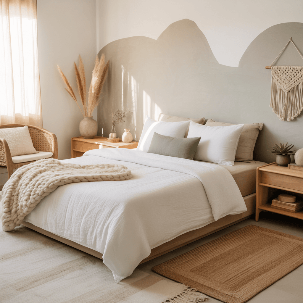 Calm minimalist sage green boho bedroom interior