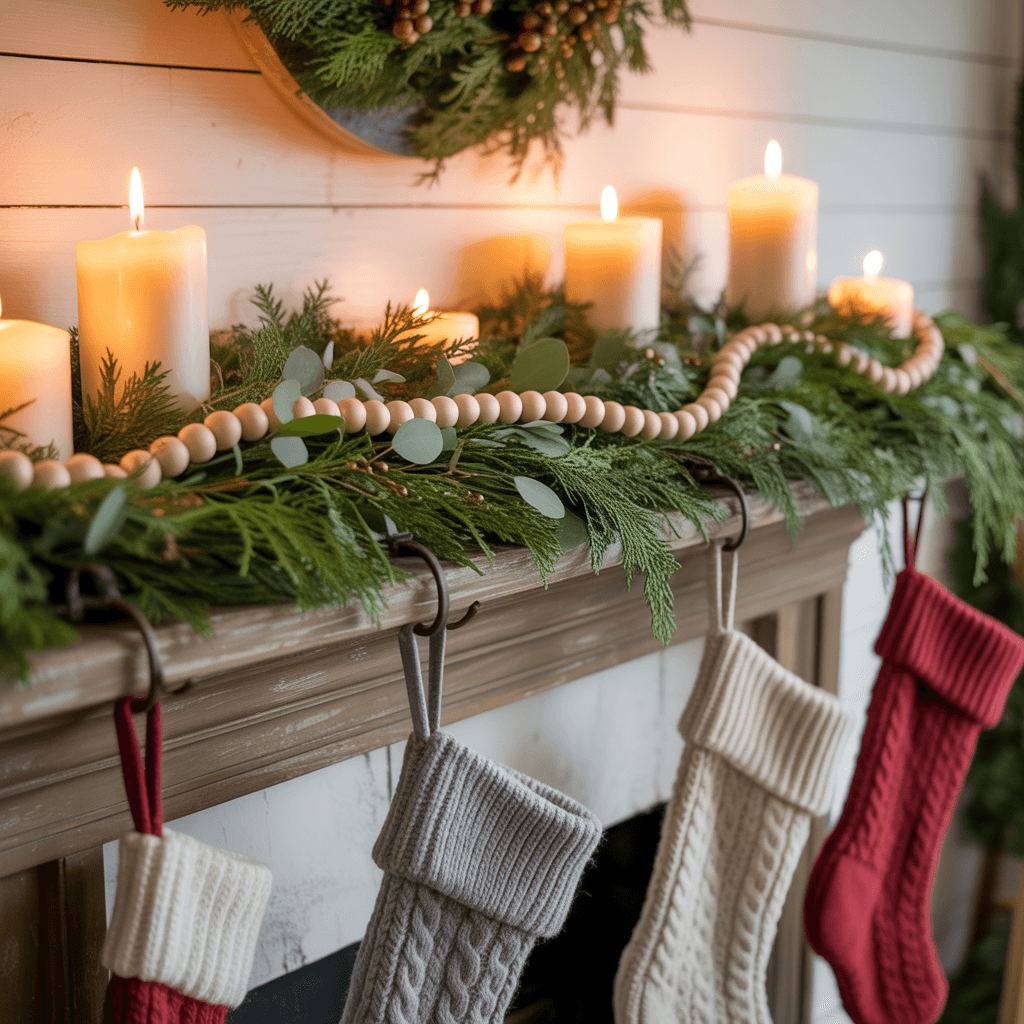 Cedar and eucalyptus garland draped across a rustic farmhouse Christmas mantel