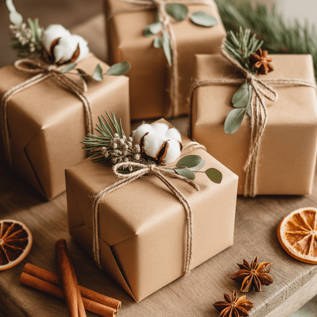 Christmas gifts wrapped with dried floral bundles and natural twine