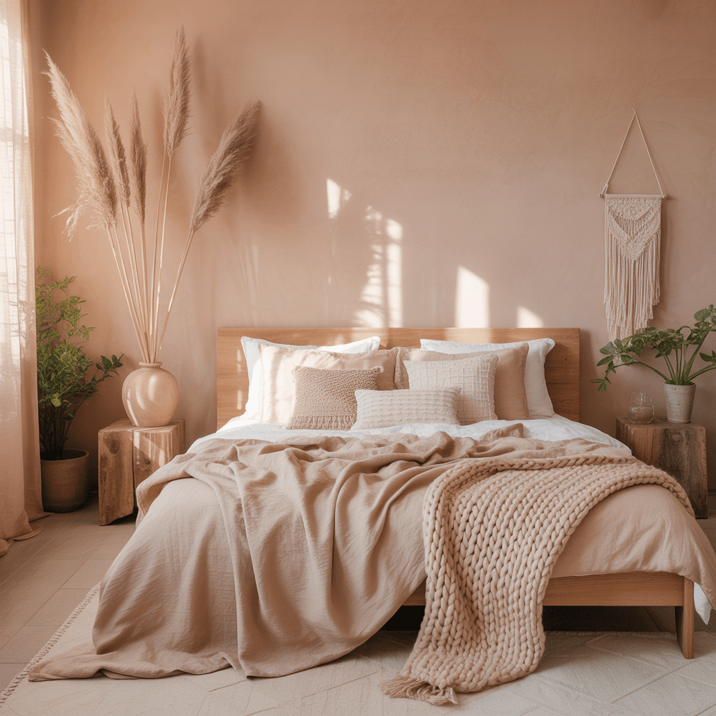 Clay pink bedroom with minimalist boho décor.