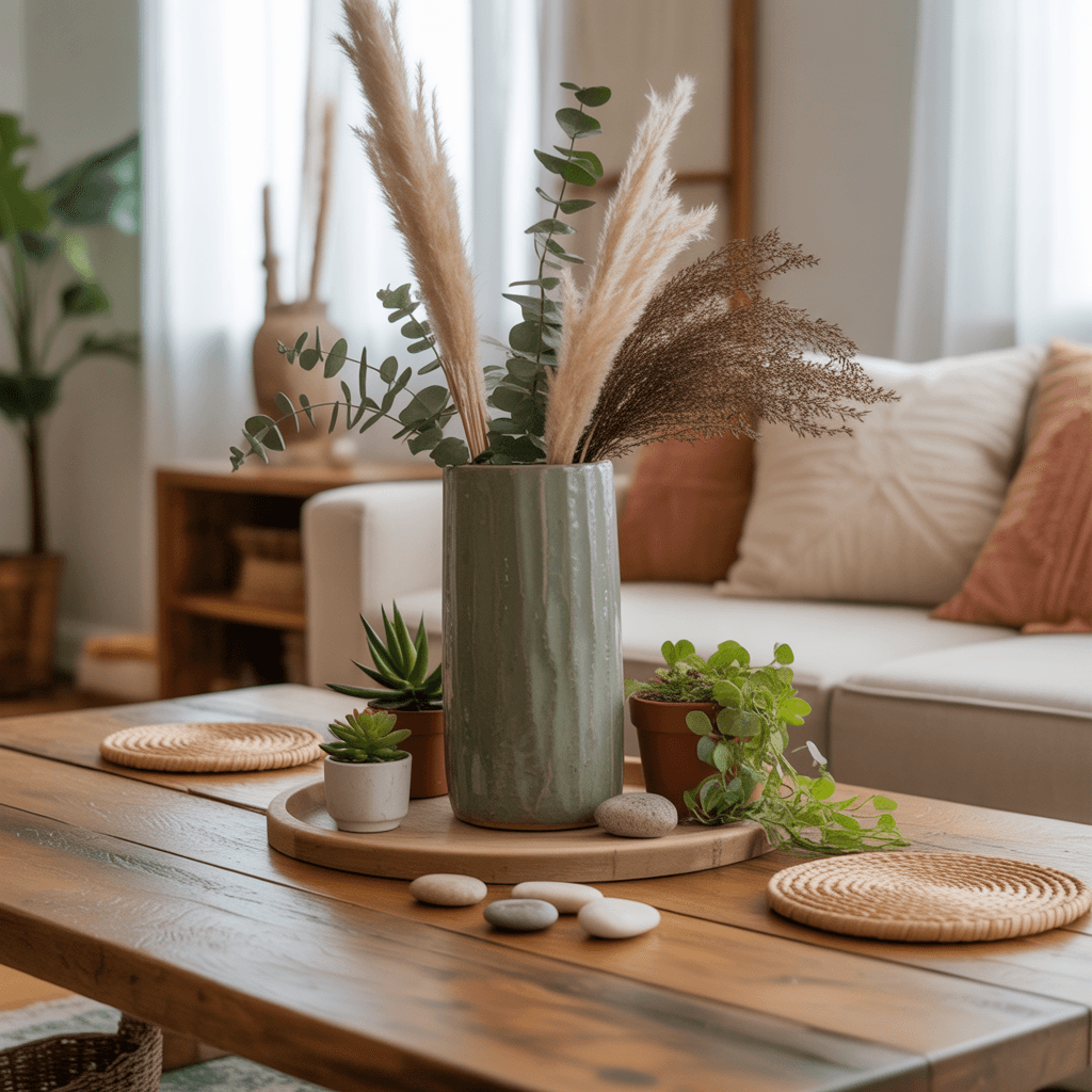 Coffee table styled with sage green ceramic vase and plants in Boho living room.
