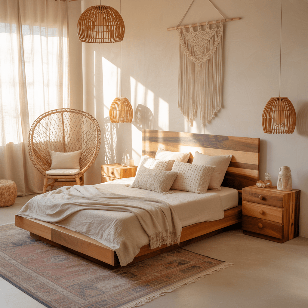 Compact living room using rattan and wood trends for warm interiors.