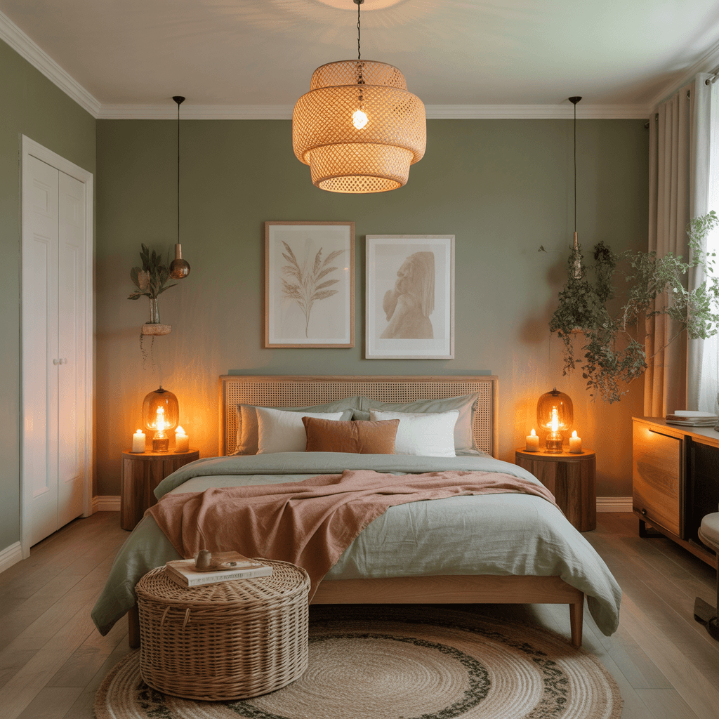 Cozy Boho bedroom at night with rattan pendant and candles