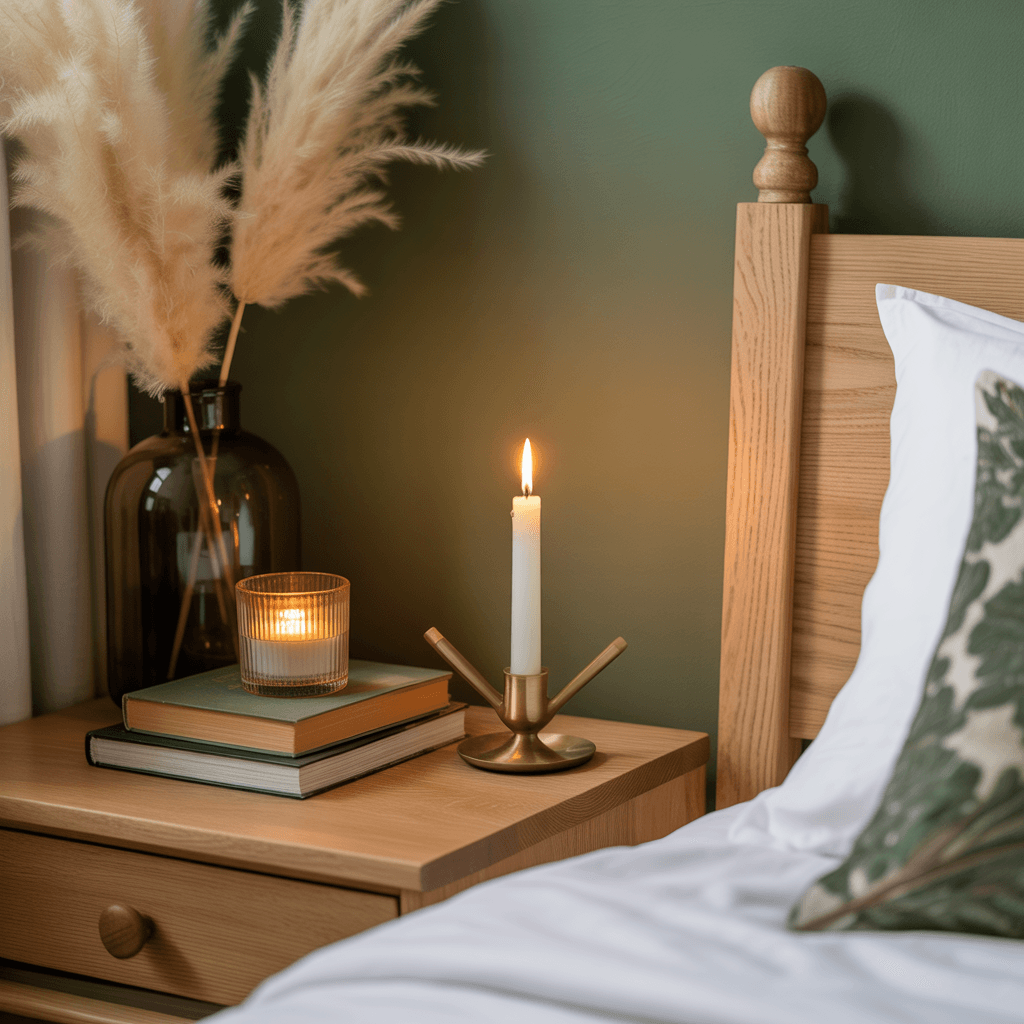 Cozy Boho bedroom details with sage tones and candles.