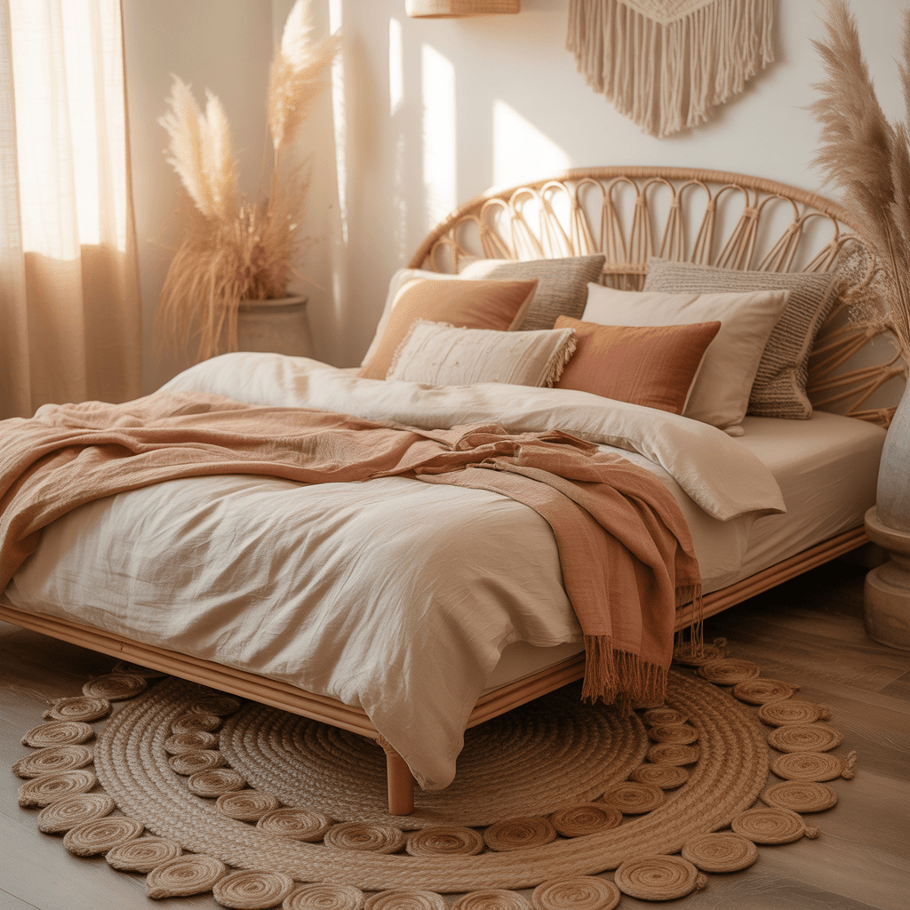 Cozy Boho bedroom featuring natural textures and sage green accents.