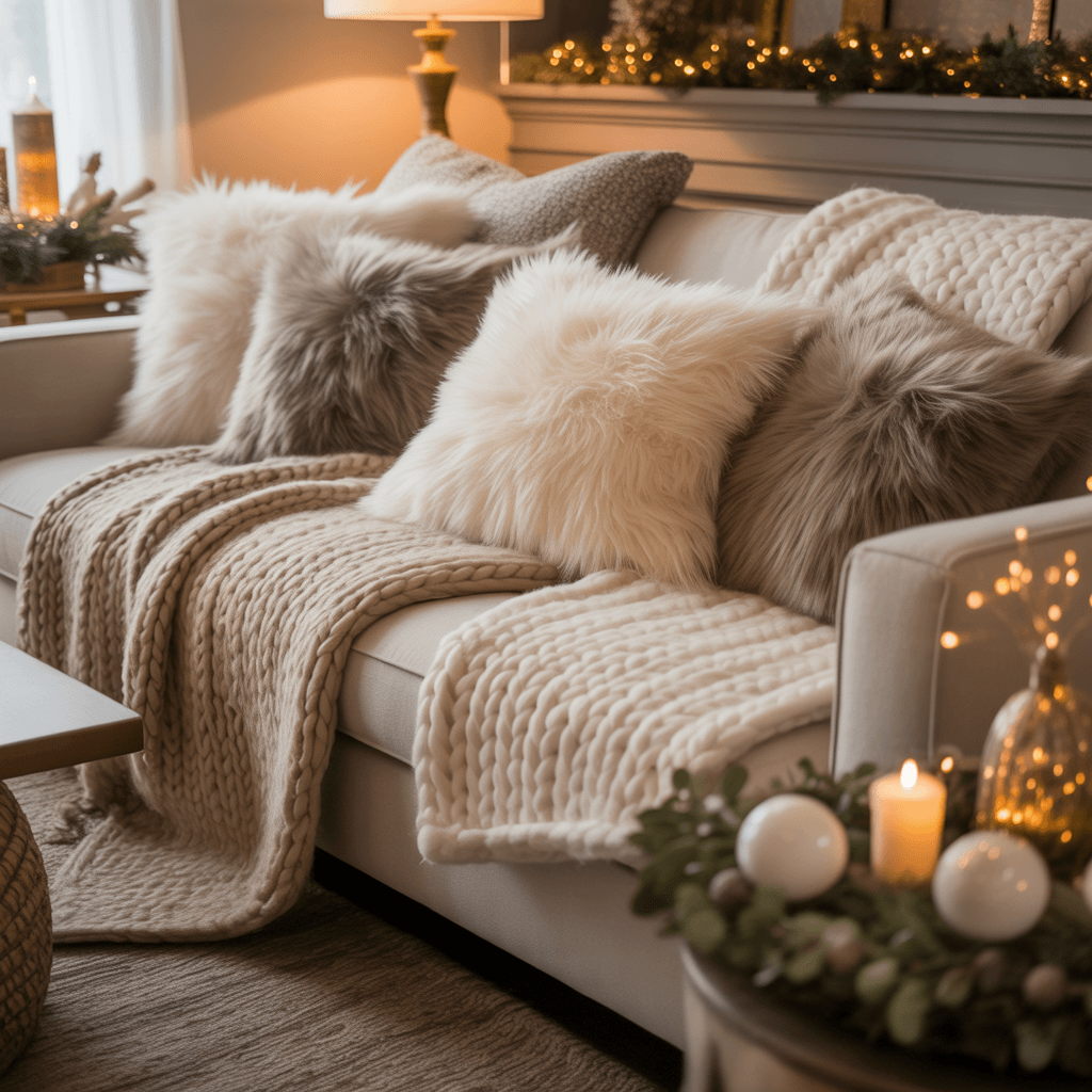 Cozy Christmas living room layered with blankets, pillows, and soft neutral textures.