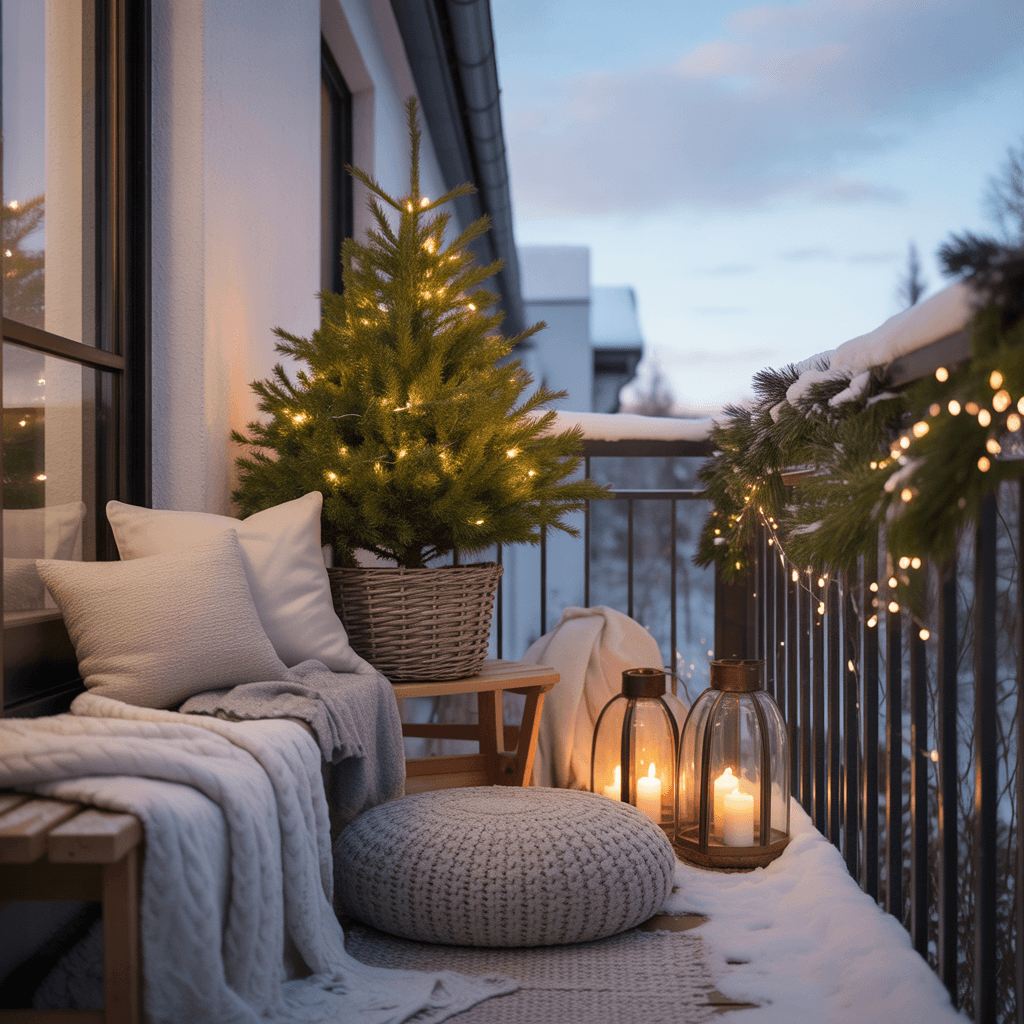 Cozy Scandinavian Christmas balcony with lanterns and a small tree.