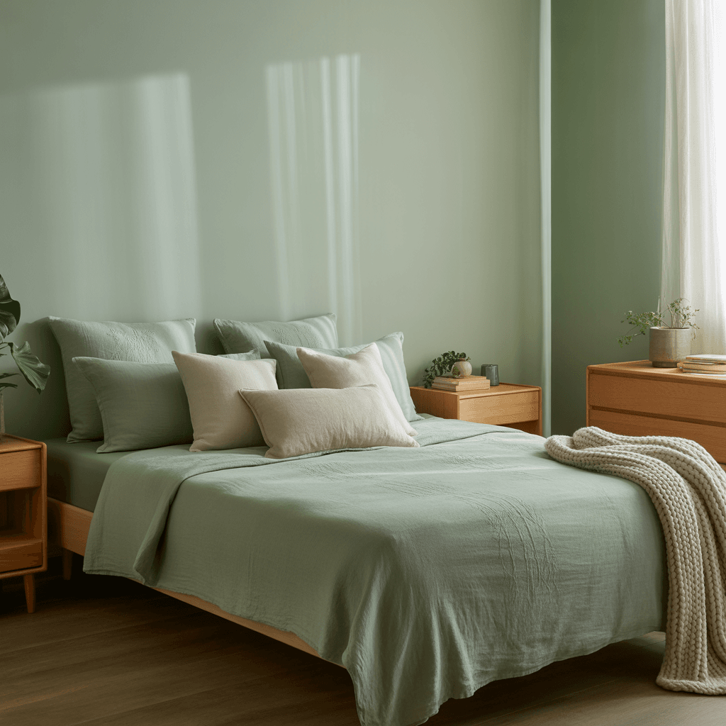 Cozy bedroom with sage green walls, bedding, and light wood furniture.