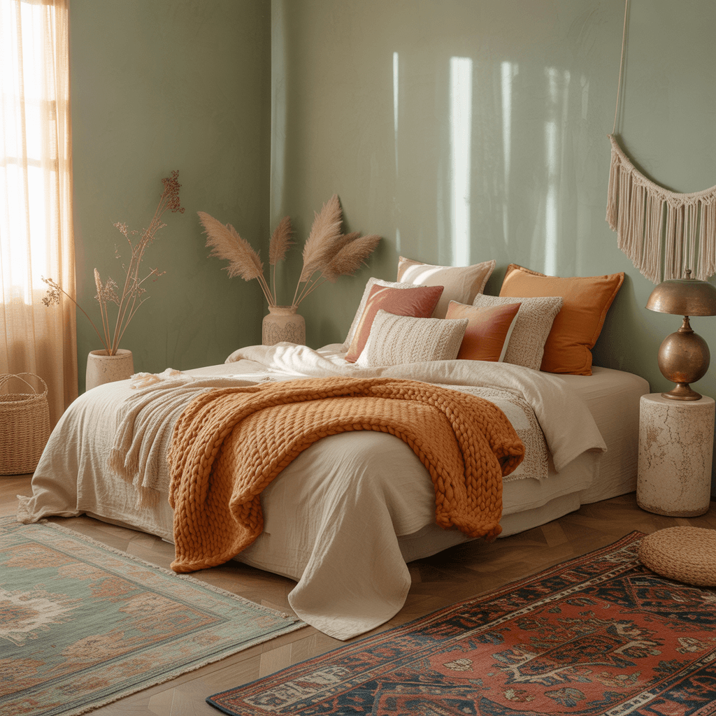 Cozy boho bedroom with layered textures and sage green accents