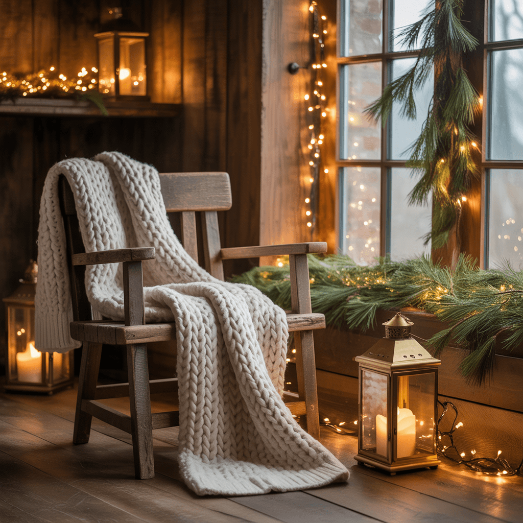 Cozy farmhouse Christmas corner with greenery and soft winter textures.