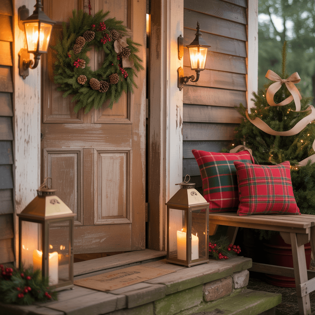 Cozy farmhouse Christmas entryway with greenery and lantern accents.