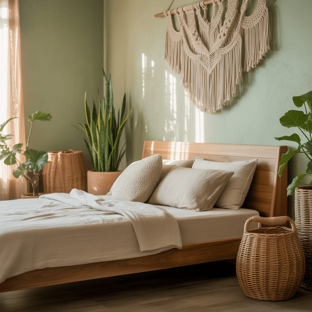 Cozy layered Boho bedding in sage green and cream.
