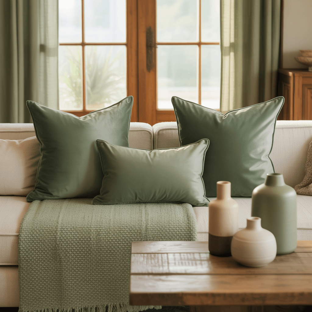 Cozy living room with sage green throw pillows, curtains, and a matching rug.