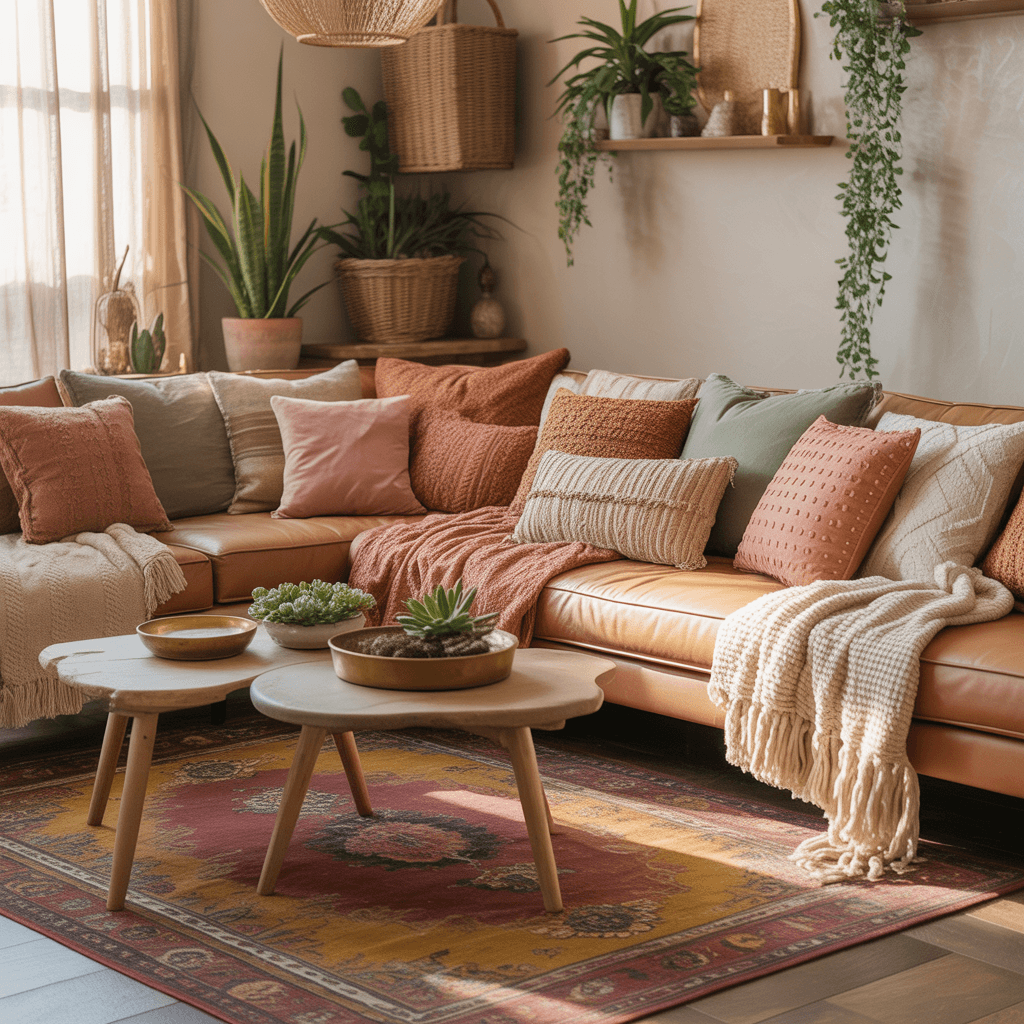 Cozy pillows and throws in a warm Boho living room.