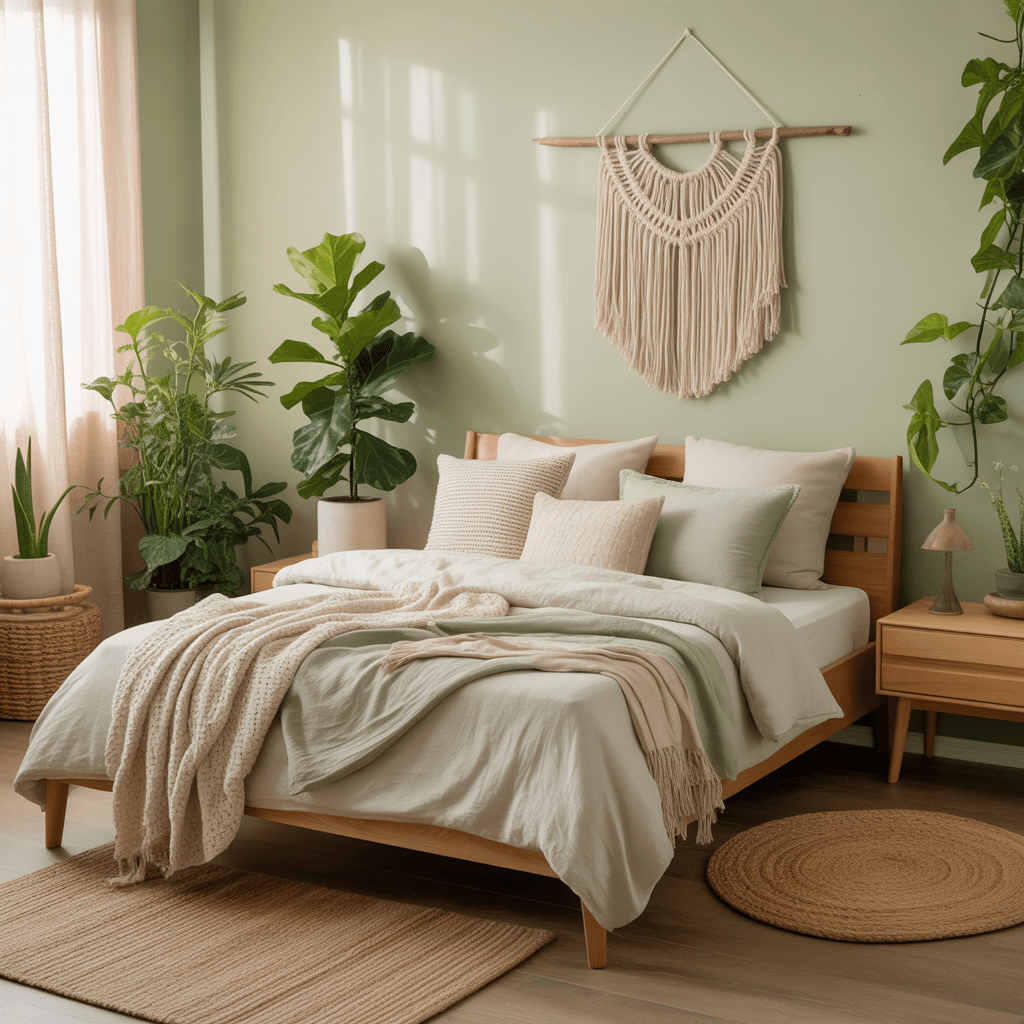 Cozy rustic modern sage green boho bedroom with layered textures and plants.