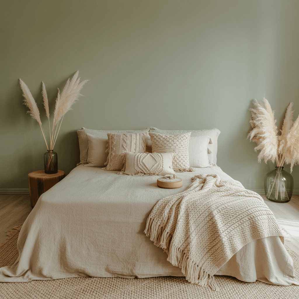 Cozy sage green Boho bedroom with layered textiles and fringe throw.