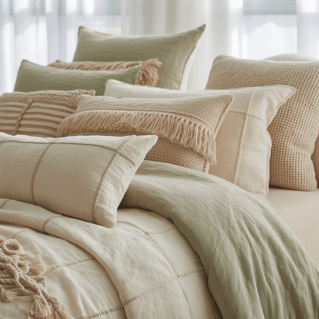  Cozy sage green boho bedroom with layered bedding and soft textures