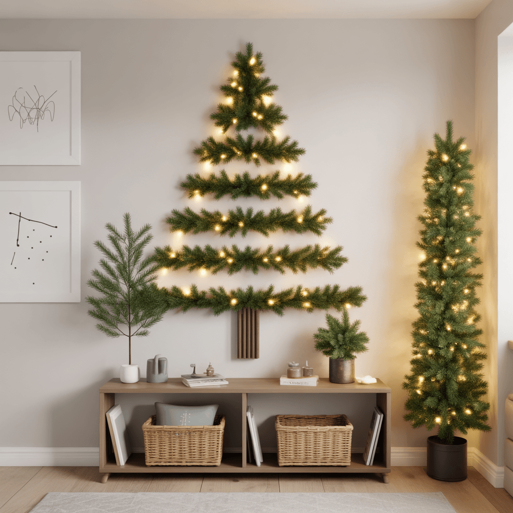 Cozy small living room with Christmas pillows and a tabletop tree