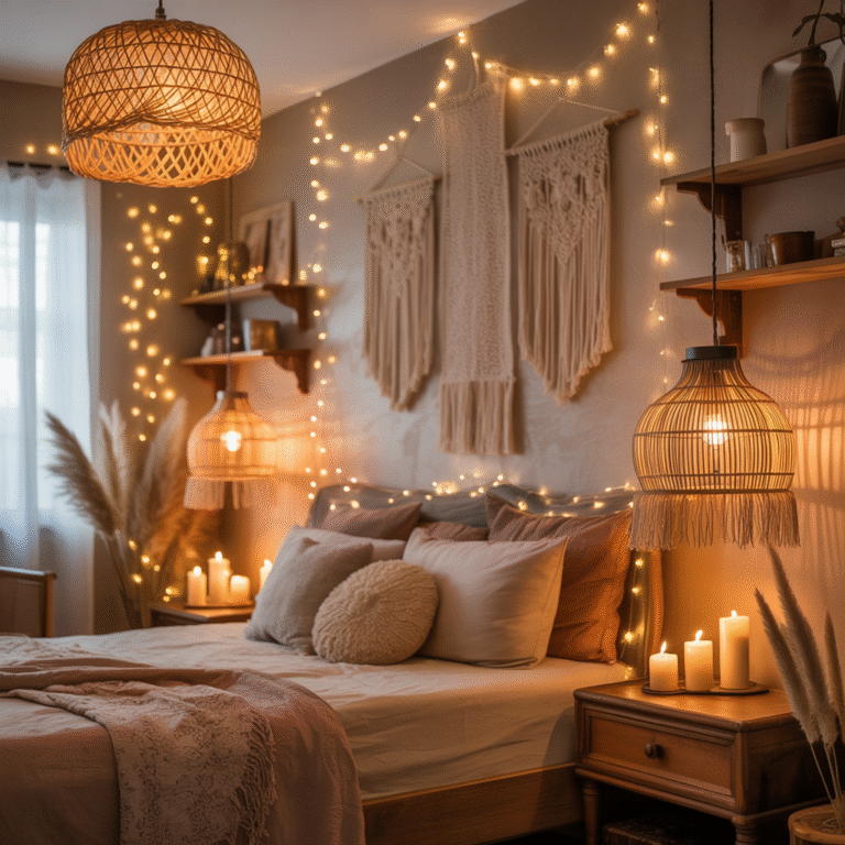 Cream bedding with sage green accents for a natural Boho bedroom.