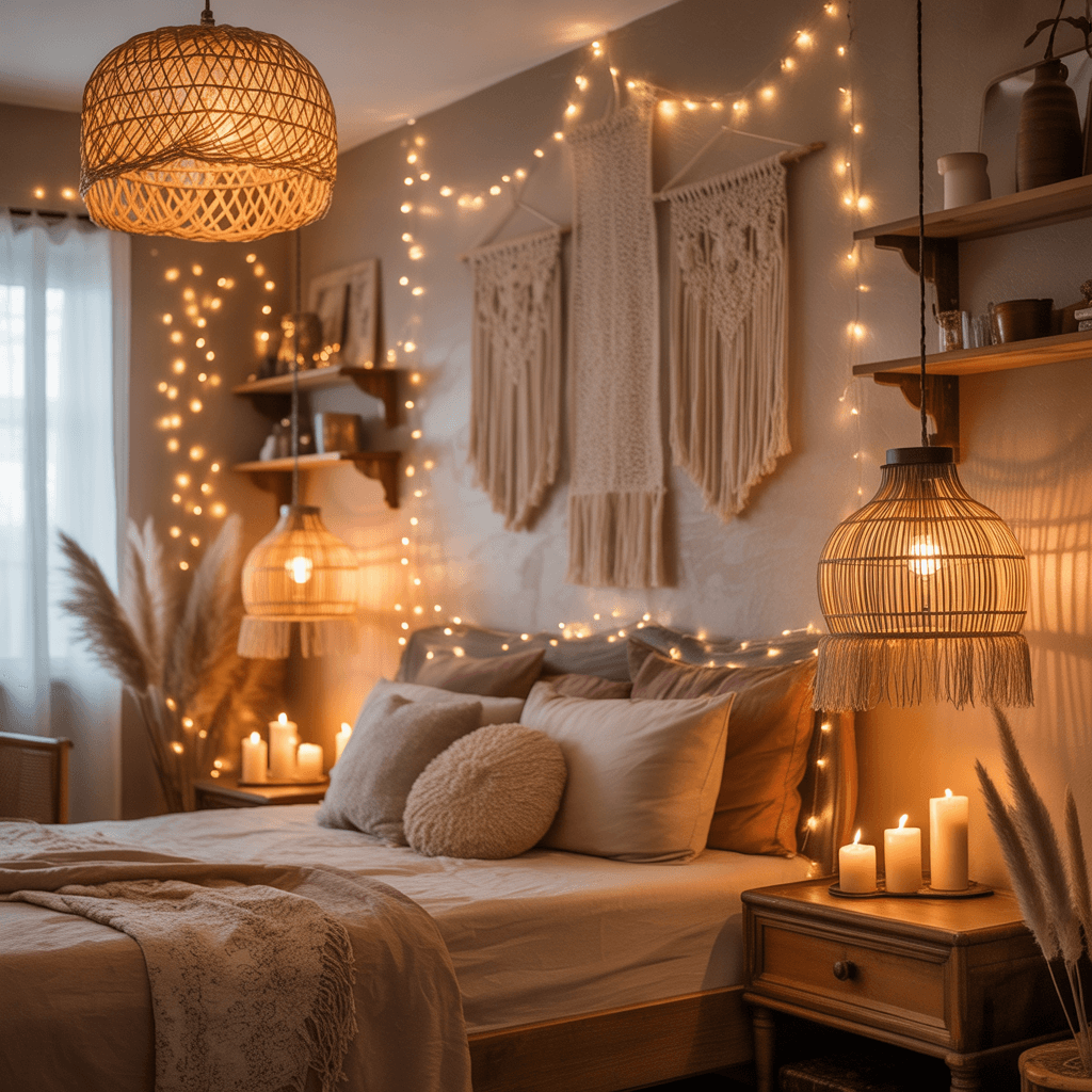 Cream bedding with sage green accents for a natural Boho bedroom.