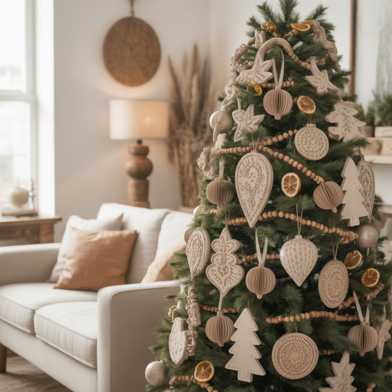 DIY Boho Christmas Ornaments made with dried oranges, macramé, and wood beads on a natural tree.”
