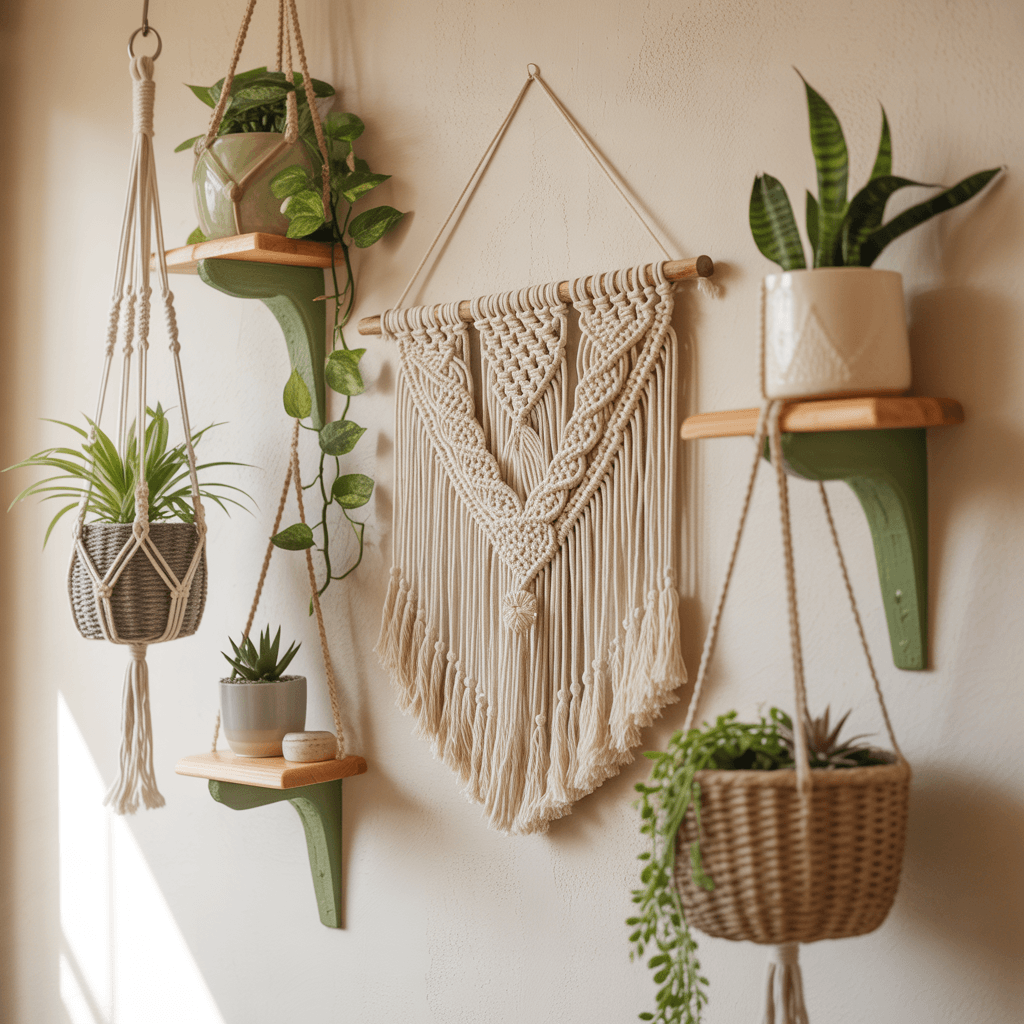 DIY Boho wall décor with sage green accents.
