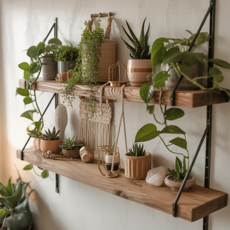 DIY floating wooden shelves in Bohemian bedroom.