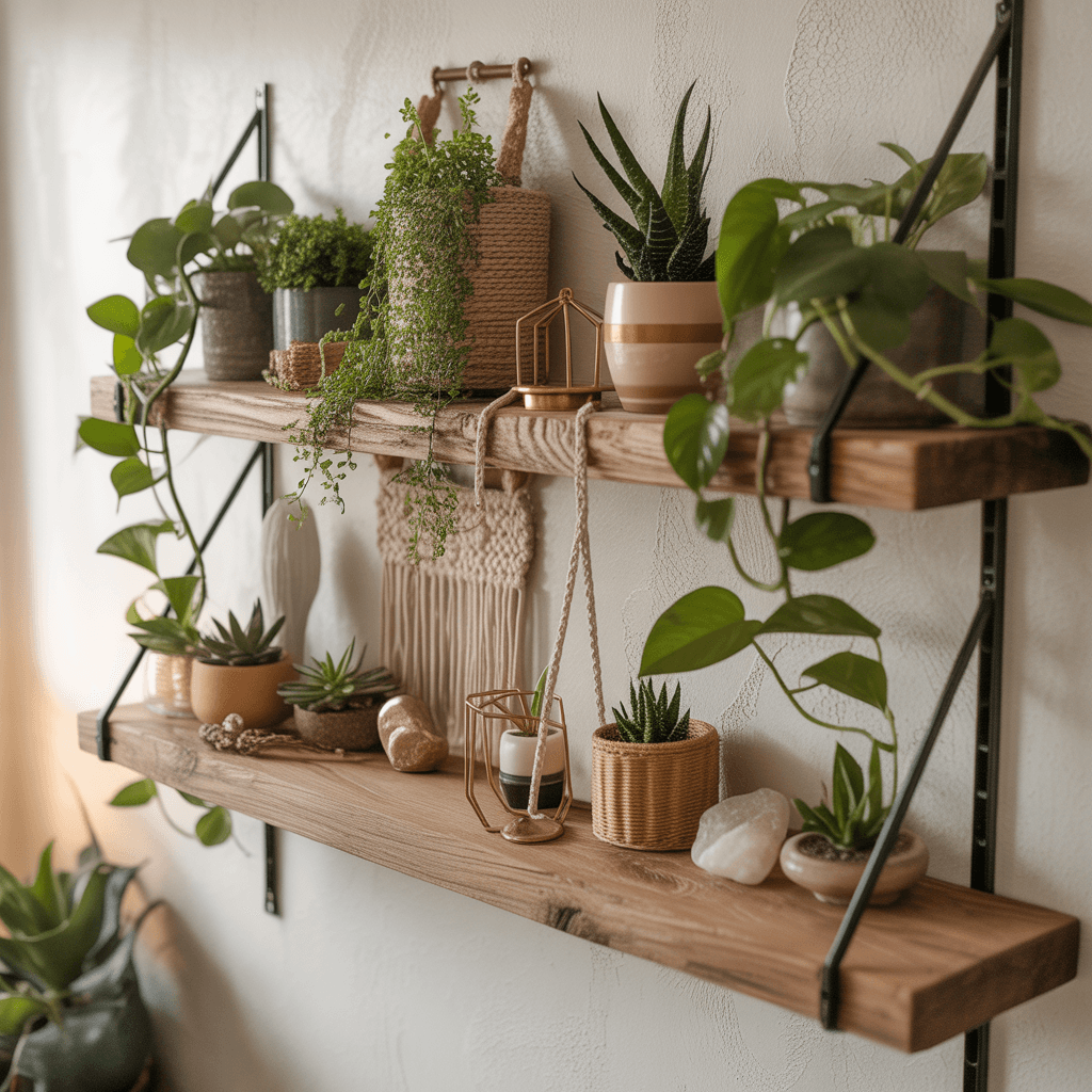 DIY floating wooden shelves in Bohemian bedroom.