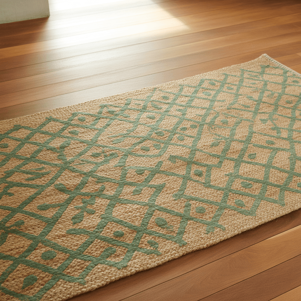 DIY jute rug with sage green pattern in Boho bedroom.