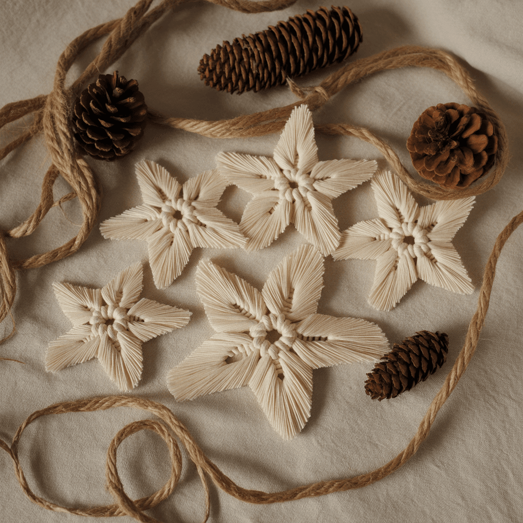 DIY macramé star ornaments for Christmas in boho neutral colors.