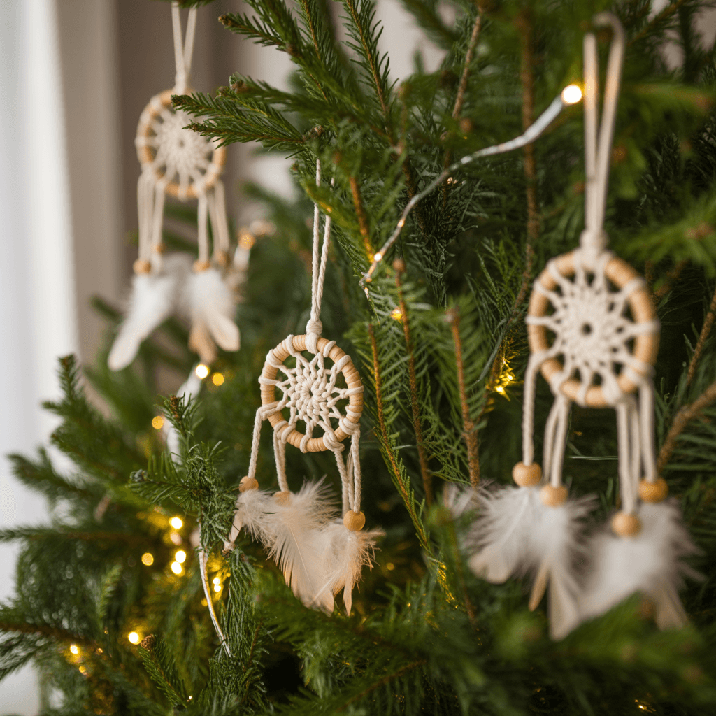 DIY macramé tassel ornaments for boho Christmas tree.