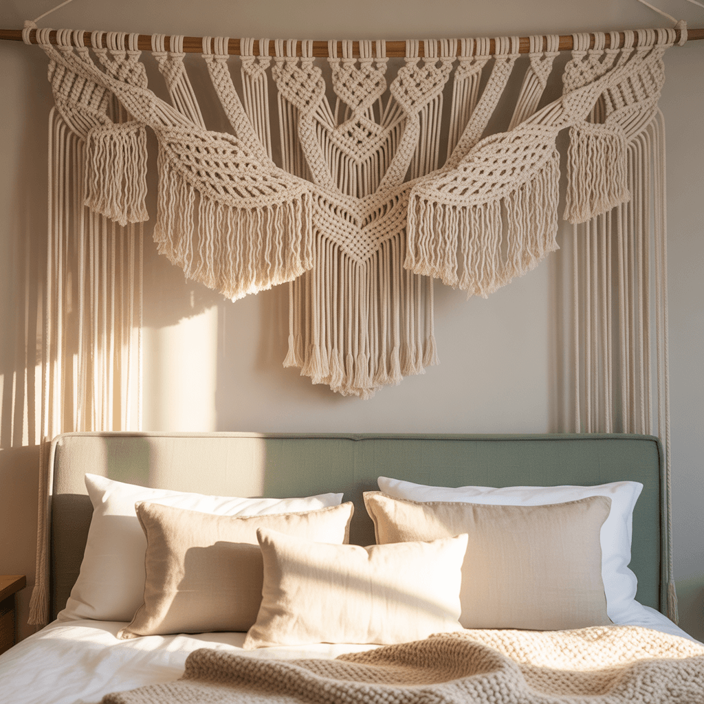 DIY macramé wall hanging in sage green Bohemian bedroom.