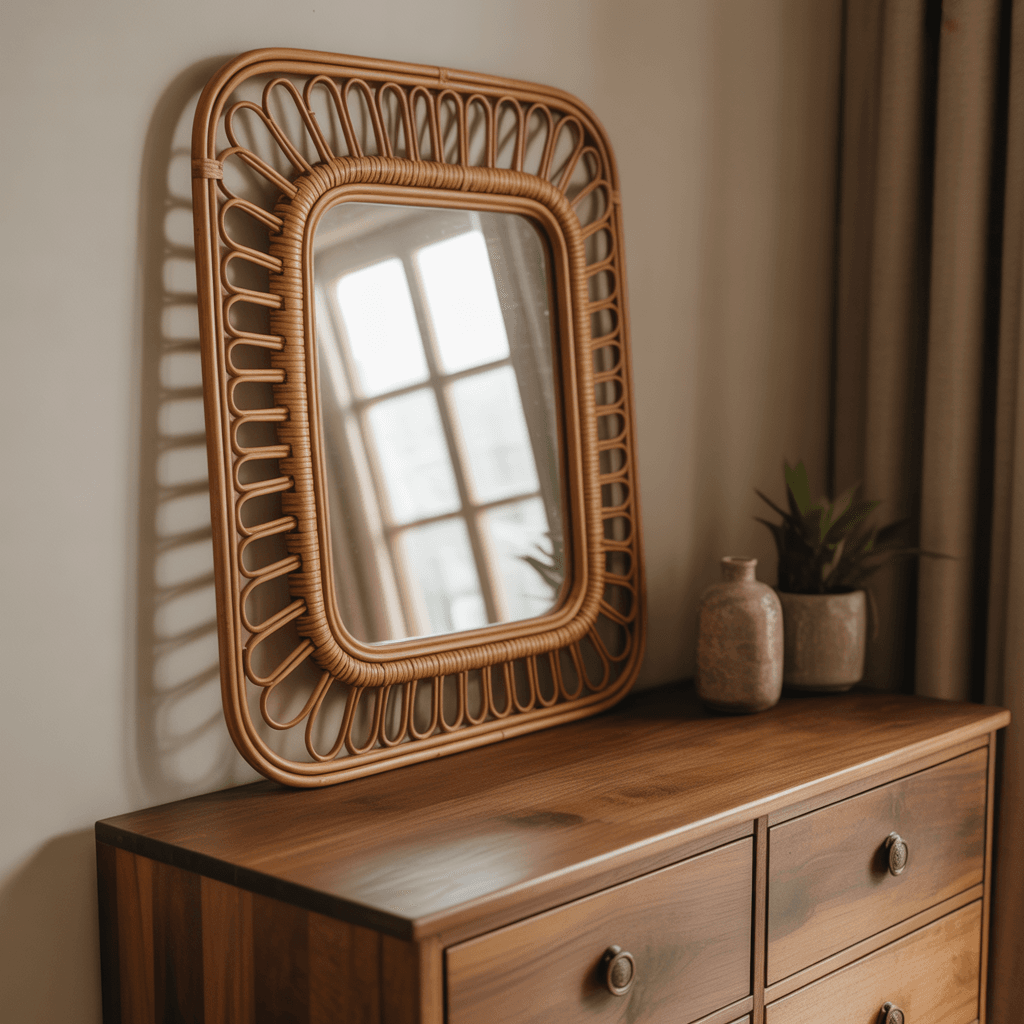 DIY rattan mirror in sage green Bohemian bedroom.