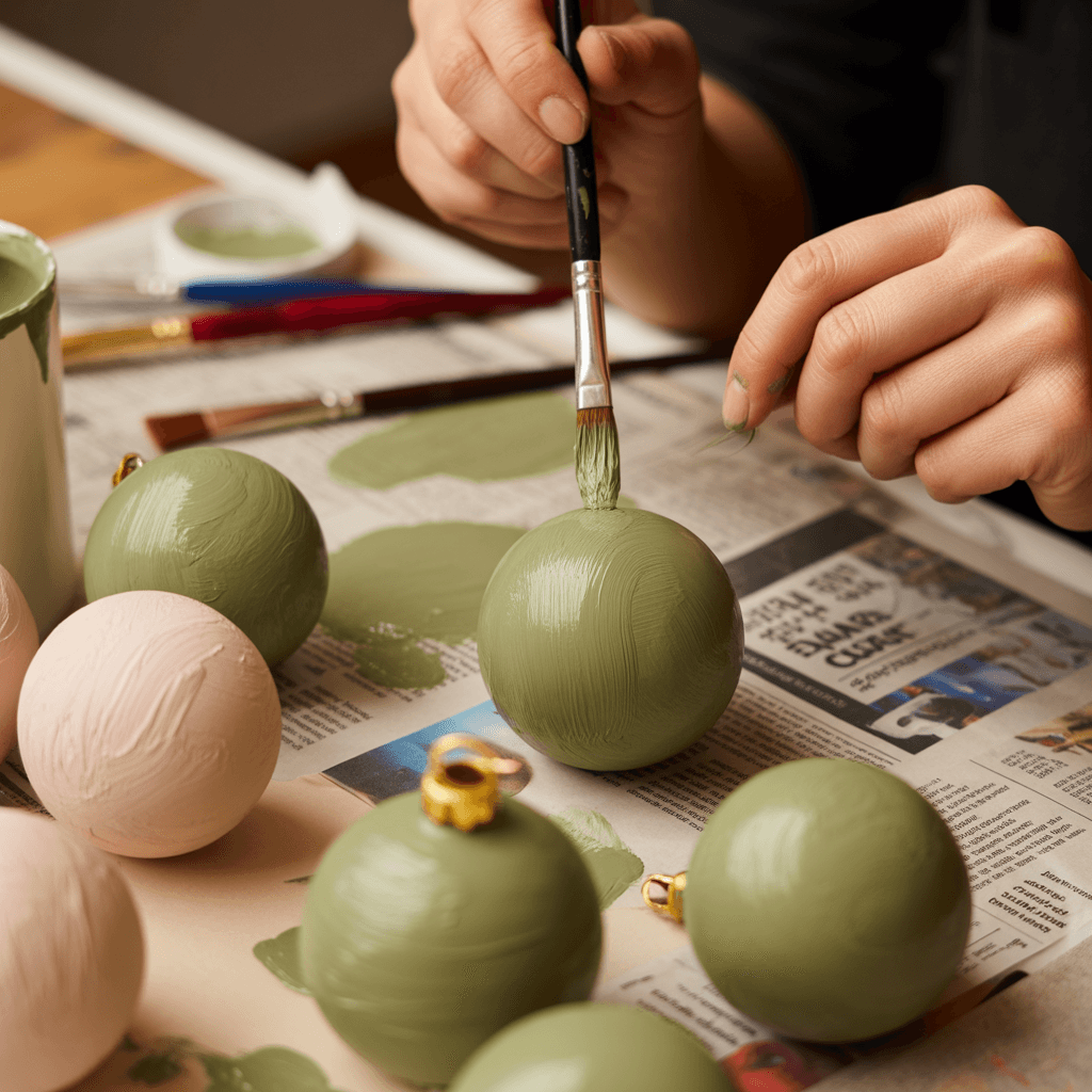 DIY sage green ornaments painted at home for cheap décor.