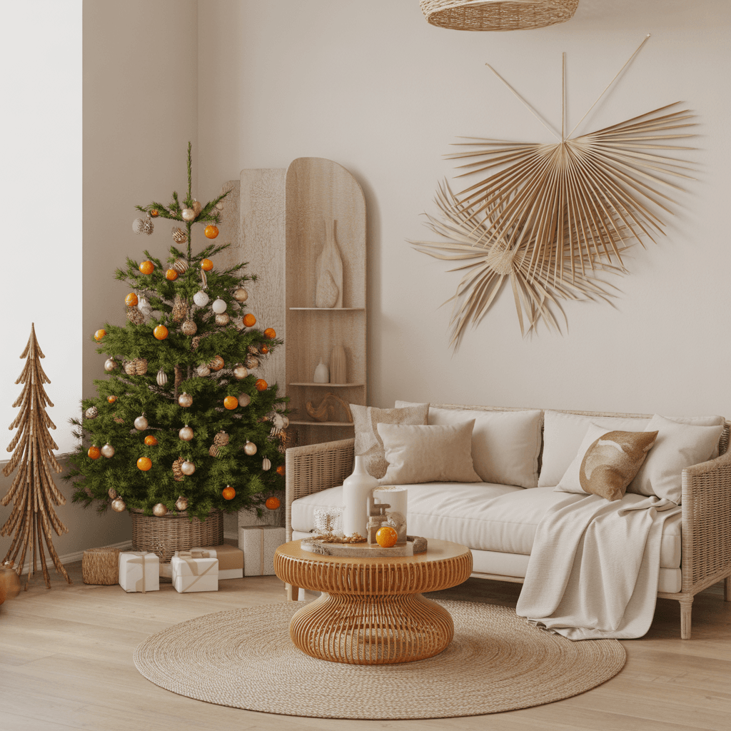  DIy Boho Christmas  decorations living room decorated with natural, earthy holiday décor and wooden elements.