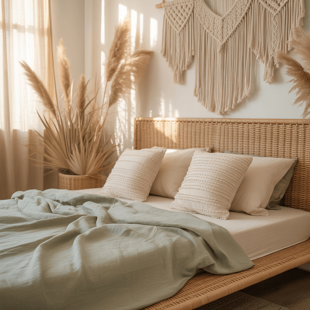 Dreamy Bohemian bedroom decor in shades of green and cream with cozy natural elements.