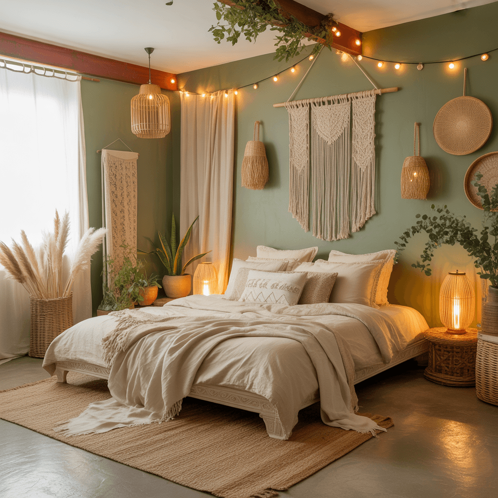 Dreamy Boho bedroom with sage green and cream palette for a cozy, calming retreat.