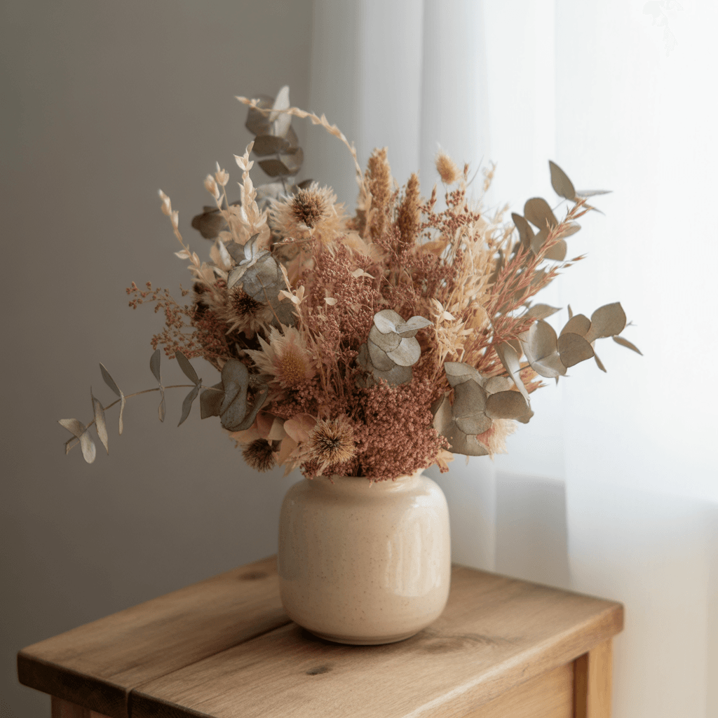Dried floral arrangement in Boho bedroom.