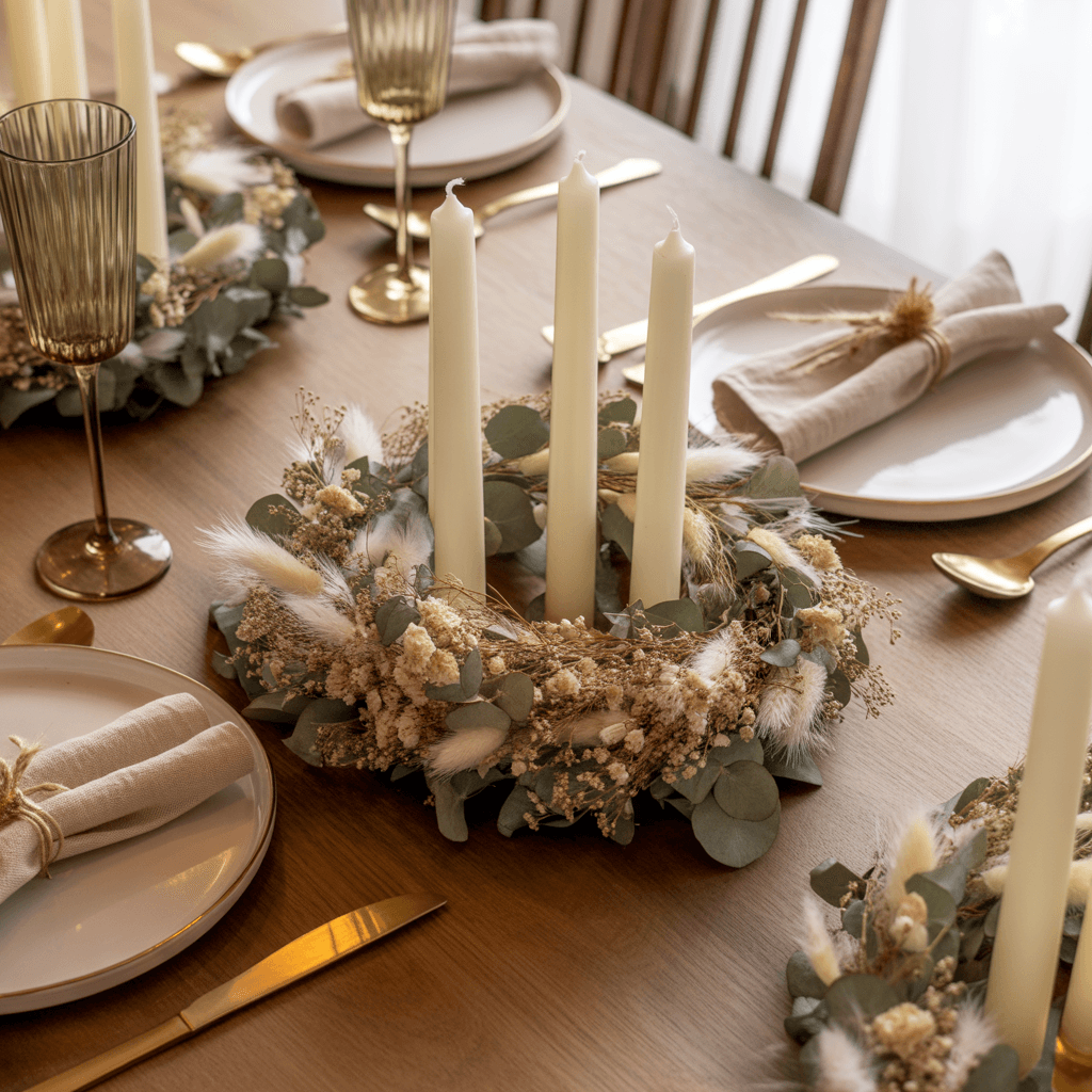  Dried floral candle ring centerpiece for rustic table setting