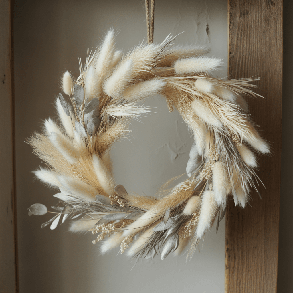 Dried floral garland on rustic Christmas mantel