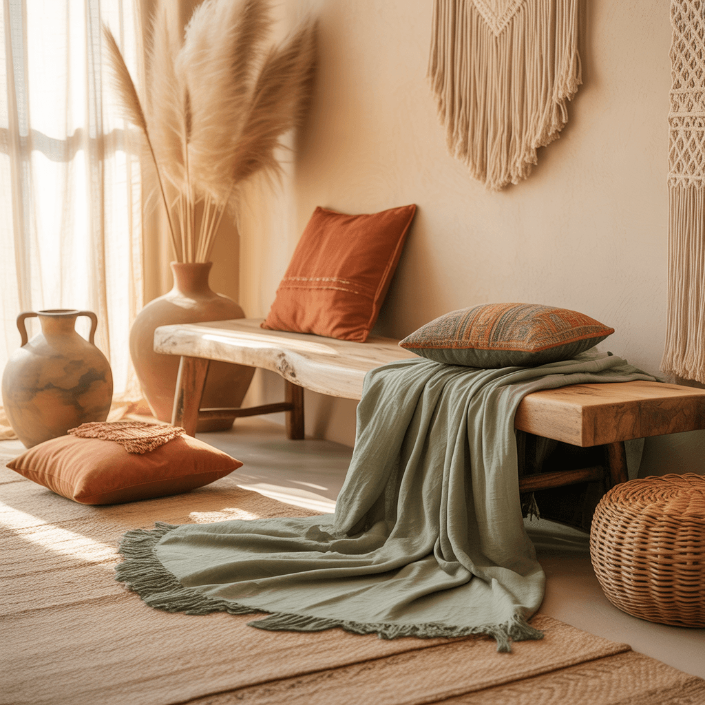Earthy boho bedroom color palette with sage green and terracotta.