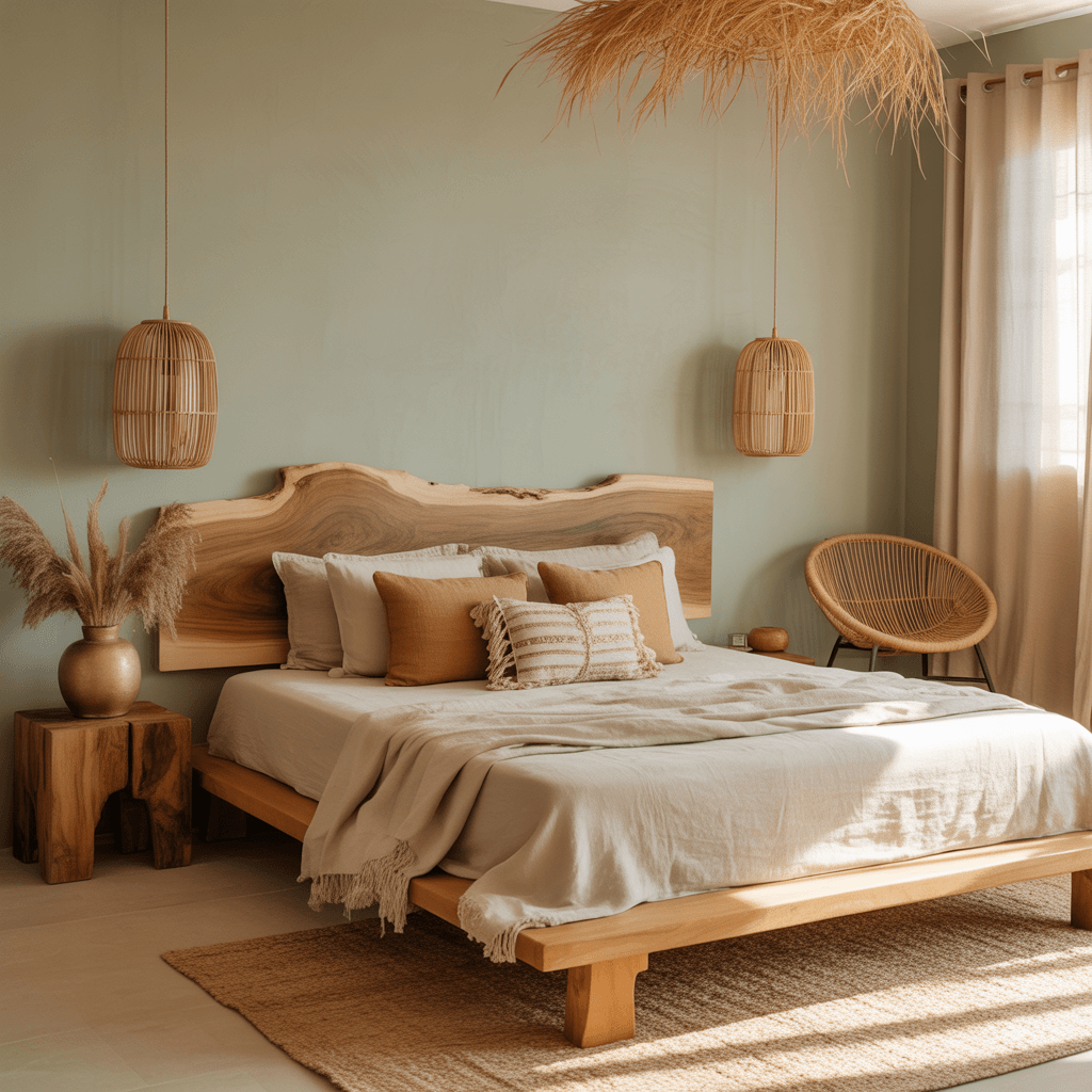 Earthy boho bedroom with sage green accents and natural textures