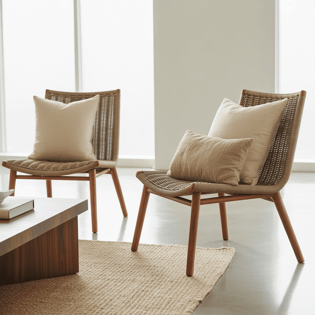 Eco-friendly rattan armchair with wooden side table in a warm interior.