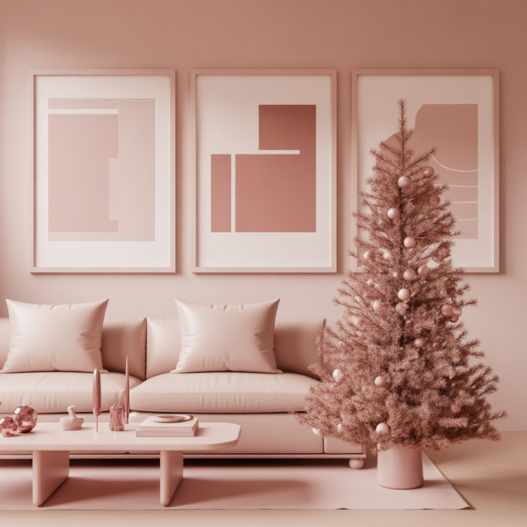 Elegant pink Christmas dining table setup with gold cutlery, frosted pink glasses, and winter greenery.
